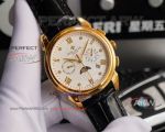 Gold Patek Philippe Watch Replica - White Moonphase Dial With Black Leather Strap 